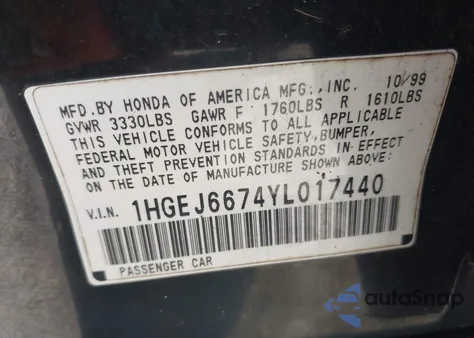 2000 Honda Civic Lx from USA, damaged, VIN 1HGEJ6674YL017440